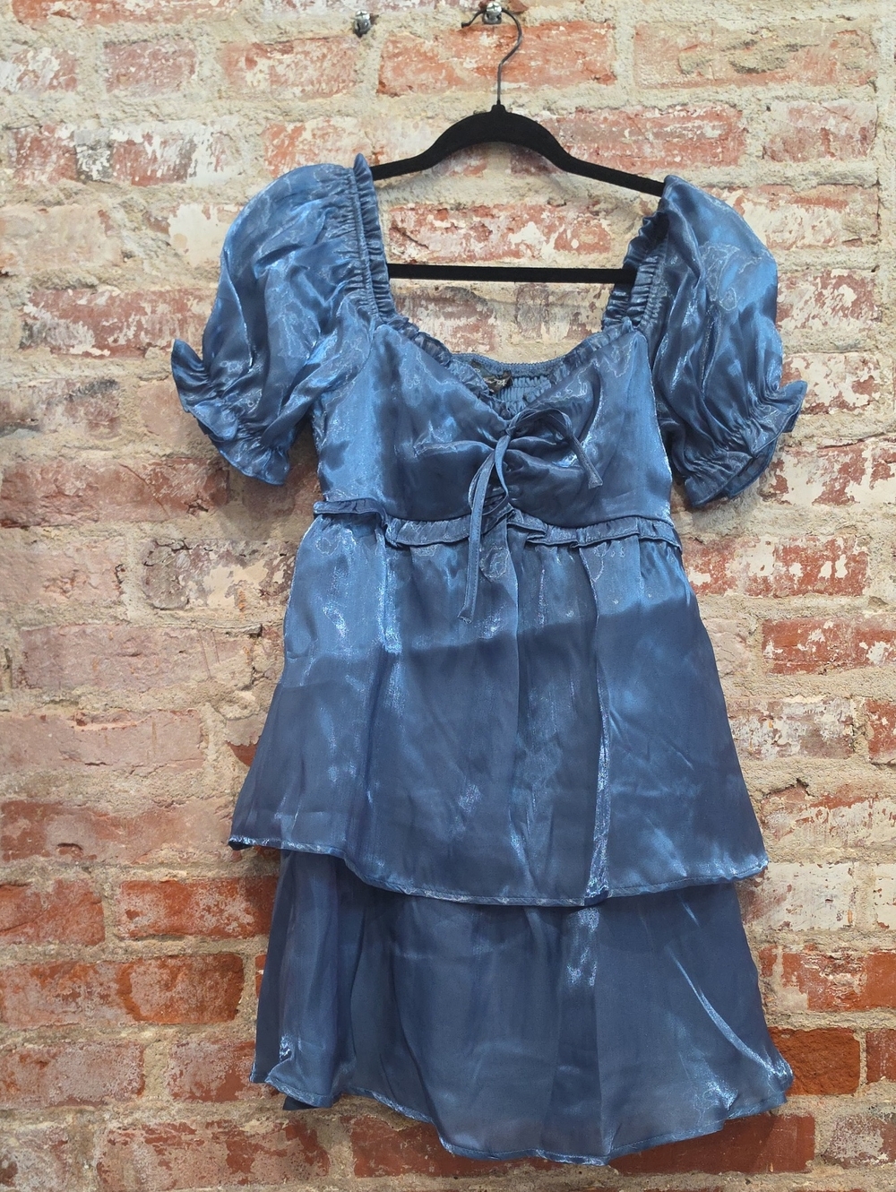Crystal Doll Shimmer Blue Puff-Sleeve Tiered Satin Top